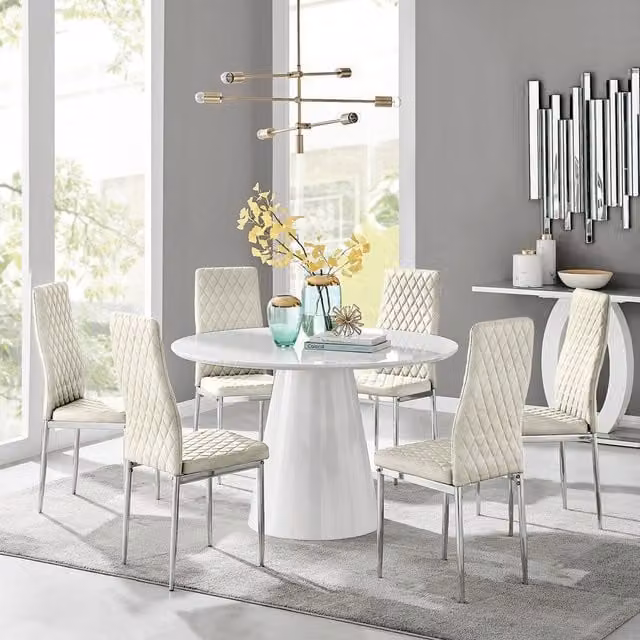 FurnitureboxUK Palma White High Gloss Round Dining Table and 6 Cream Velvet Milan Chairs