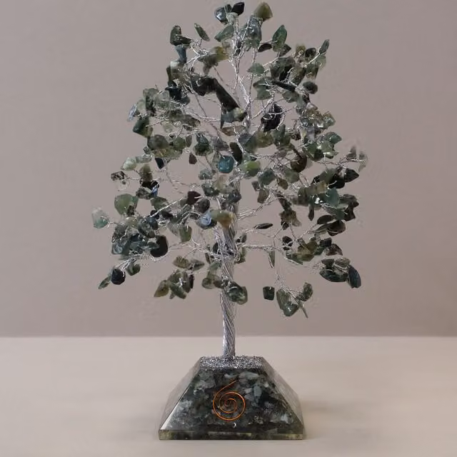 KDMD Moss Agate Gemstone Tree with Organite Base in Green – 1