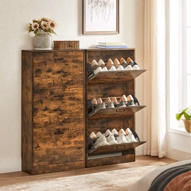 VASAGLE Industrial 3-Tier Wooden Shoe Cabinet with 3 Tilting Compartment Doors in Brown or White