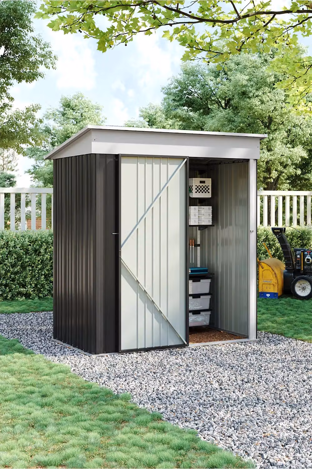 H&O Direct Black Metal Pent Outdoor Tool Storage Shed with Shelving, W/D/H: 91.44 x 91.44 x 180 cm – 2