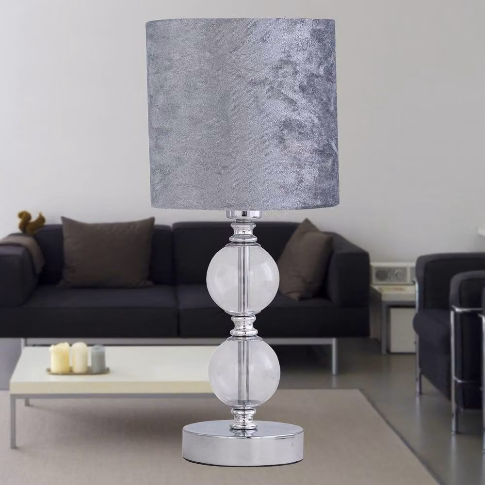 First Choice Lighting Chrome Two Ball Table Lamp with Grey Crushed Velvet Shade in Silver – 3
