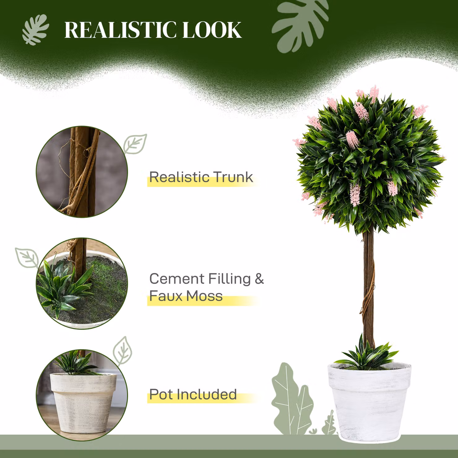 HOMCOM Set of 2 Pink and Green Decorative Artificial Floral Ball Trees, Height: 60 cm – 4