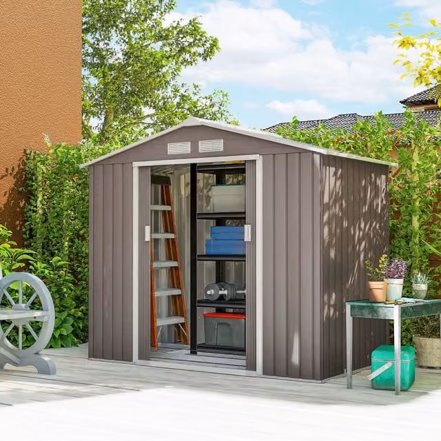 OUTSUNNY Grey Galvanised Steel Garden Shed Storage Unit with Locking Sliding Doors and Side Vent, H 185 cm x W 119 cm – 1