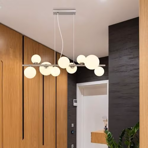 Globo Lighting Modern LED Pendant Light with 9 Transparent Glass Spheres in Silver and White, Height Adjustable, W/D/H: 120 x 87 x 34.5 cm – 2