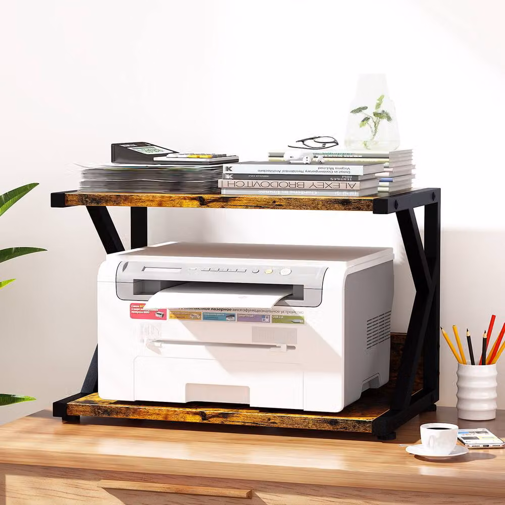 Huhote 2-Tier Wooden Desktop Printer Stand with Wheels and Storage in Brown – 2