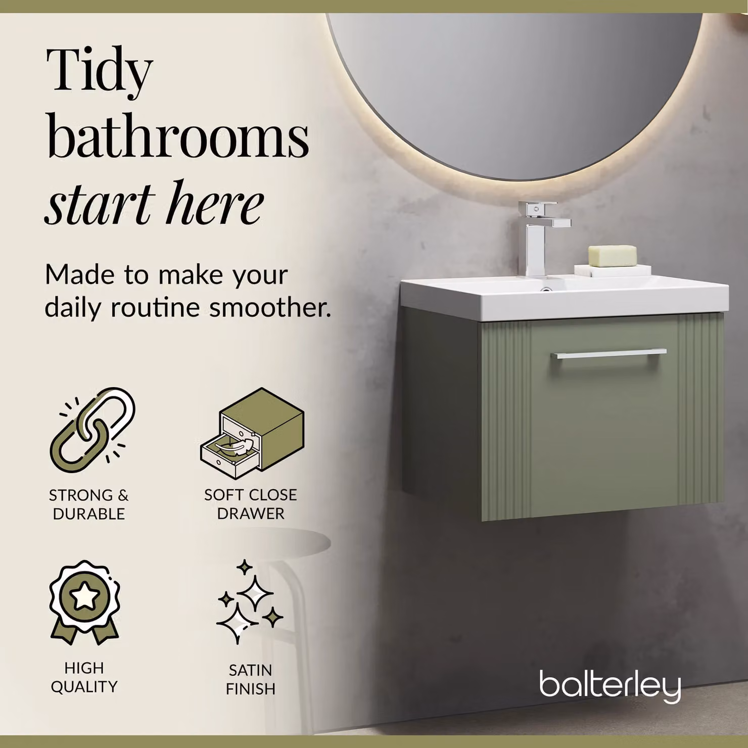 Balterley Wall Hung 1 Drawer Vanity Unit with Thin-Edge Basin, Satin Green, Width: 50 cm – 2