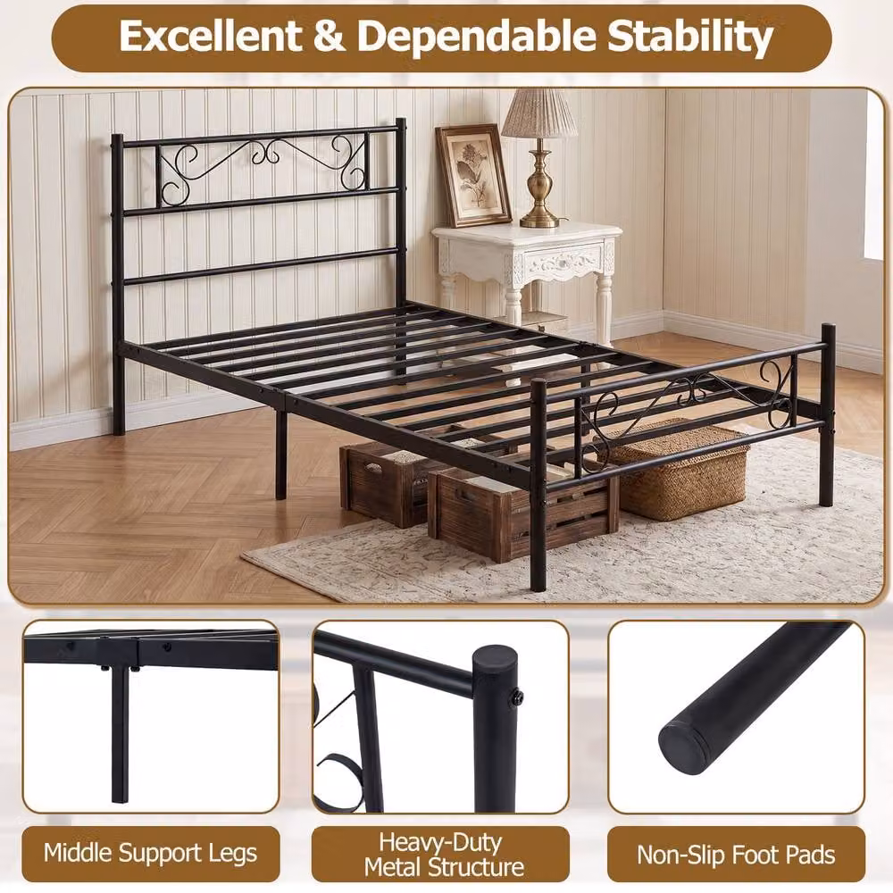 Gymax Single Size Floral Metal Platform Bed Frame with Slats, Black, W/D/H: 90 x 190 x 220 cm – 4