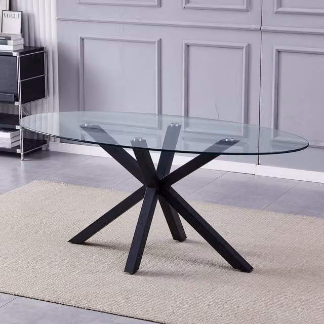 Artemis Home Modern Oval Glass Dining Table with Black X-Frame, W: 180 cm, D: 90 cm, H: 75 cm