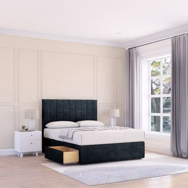 Sloomy Kansas King Size Divan Bed Base and 26 inch Struts Headboard in Black Velvet