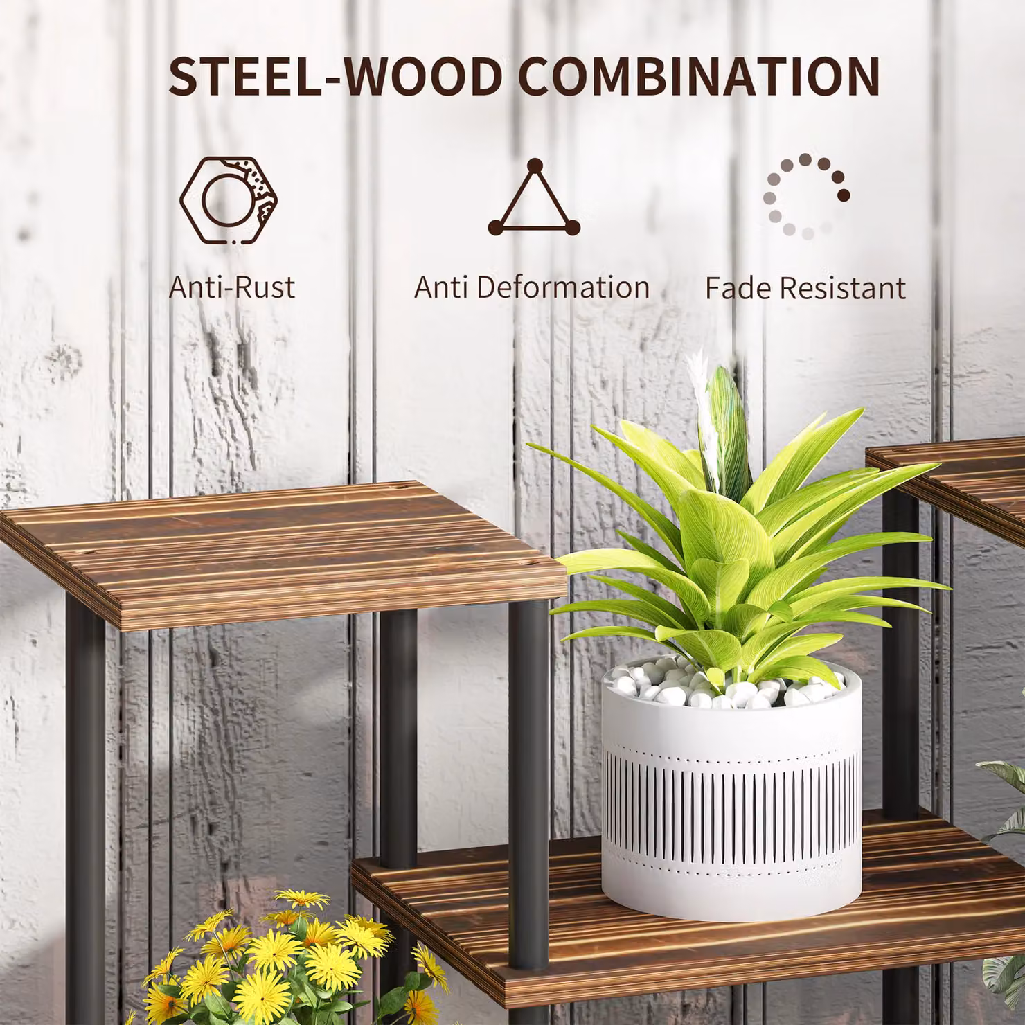 OUTSUNNY 4 Tiered Indoor Plant Stand Display Rack in Brown with Carbonised Wood and Metal Finish – 5