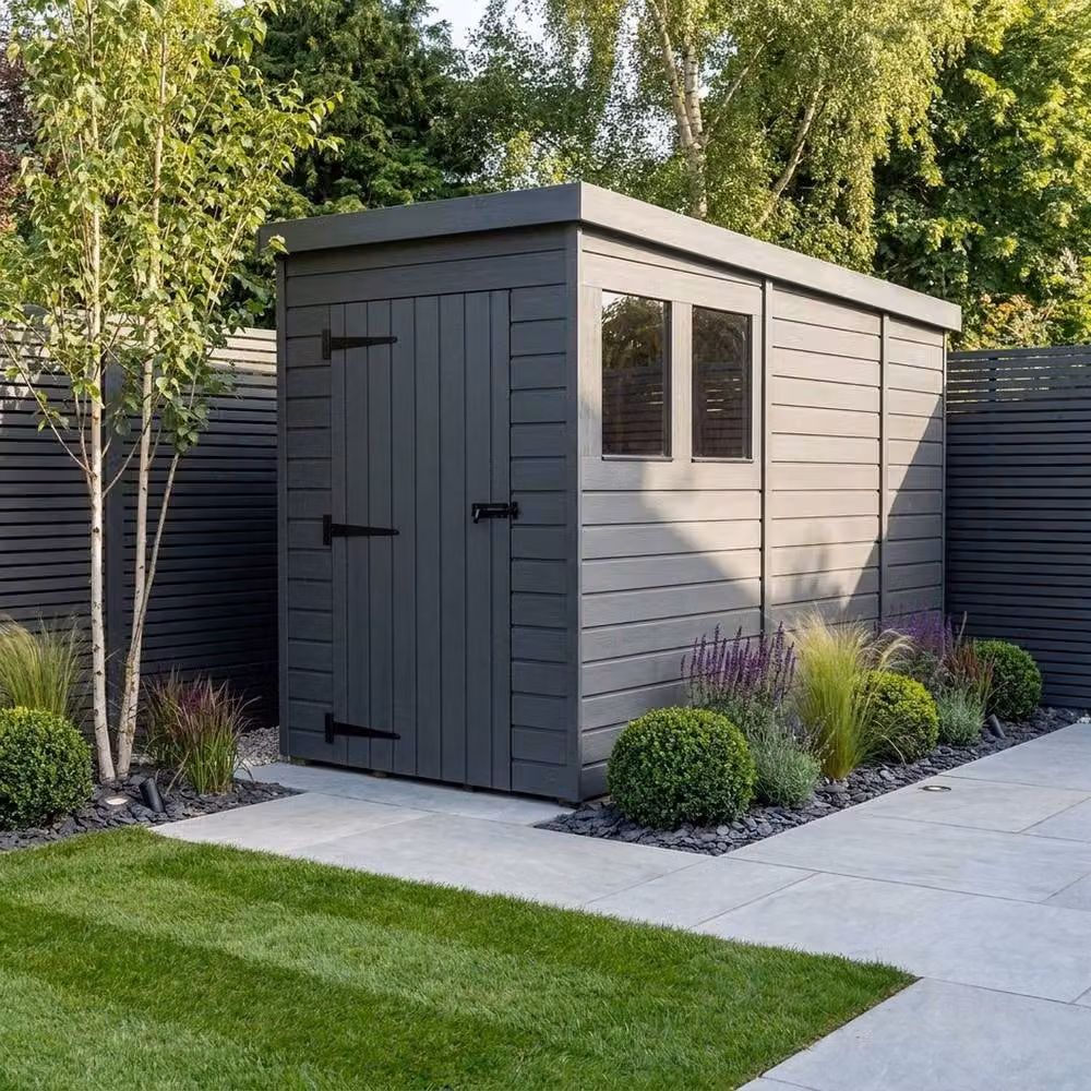 Buttercup Farm Grey Composite Pent Garden Shed with Single Door and Windows, W/D/H: 274 x 122 x 210 cm – 2