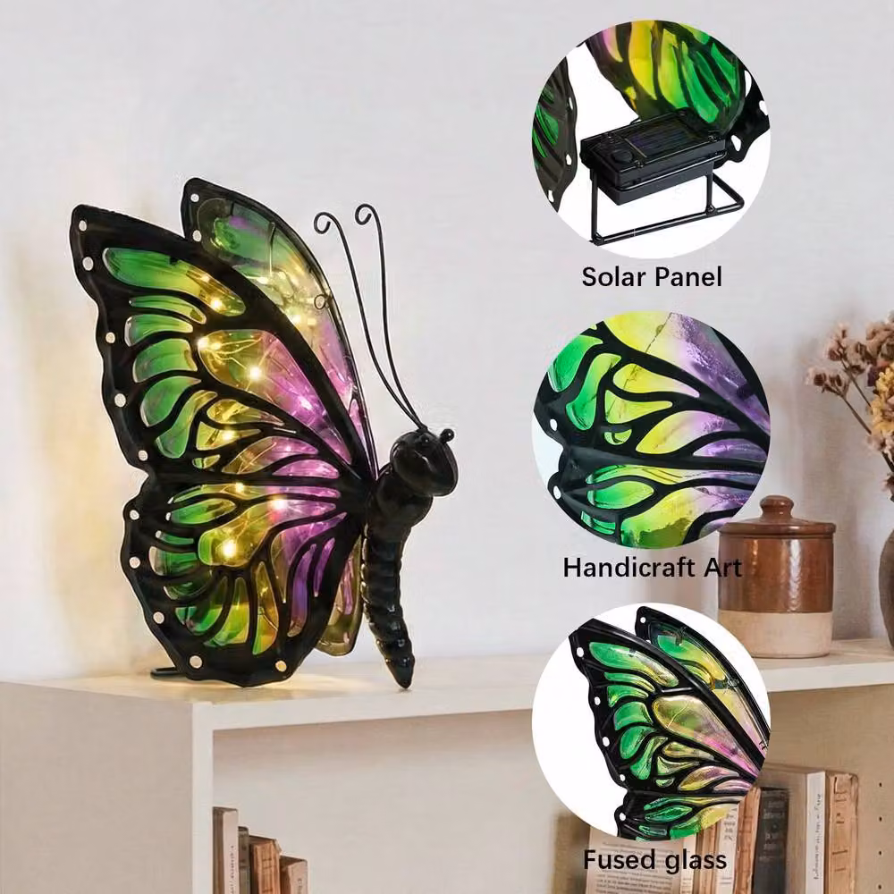 Bright Zeal Solar Butterfly Outdoor Lights, Hand-Painted Multicolour Glass Warm LED Decor – 4