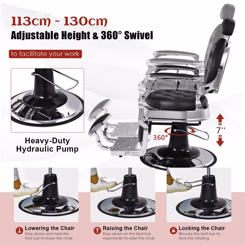 Gymax Black Reclining Barber Salon Chair with Adjustable Height and Headrest – 4