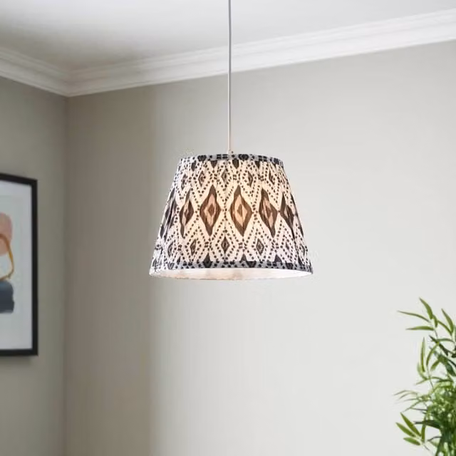 First Choice Lighting Set of 2 Ikat Ethnic Fabric Easy Fit Pendant or Table Lampshades, Black, Multicolour and Brown, Diameter: 30 cm