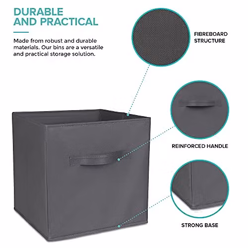 LIVIVO Set of 6 Foldable Storage Cube Boxes in Grey with Fabric Handles – 9