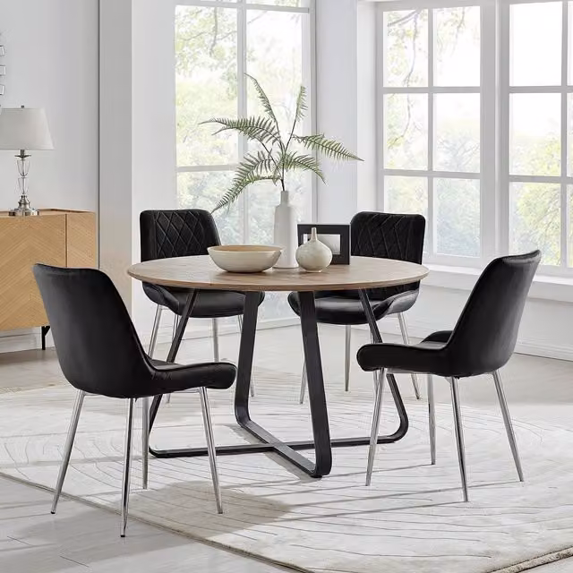 FurnitureboxUK Santorini Brown Round Dining Table and Pesaro Black Chairs with Silver Legs