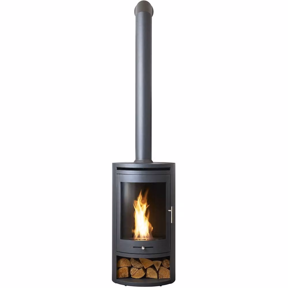 OKO S5 Bio Ethanol Cylinder Stove with Log Storage and Tall Angled Metal Stove Pipe in Charcoal Grey – 2