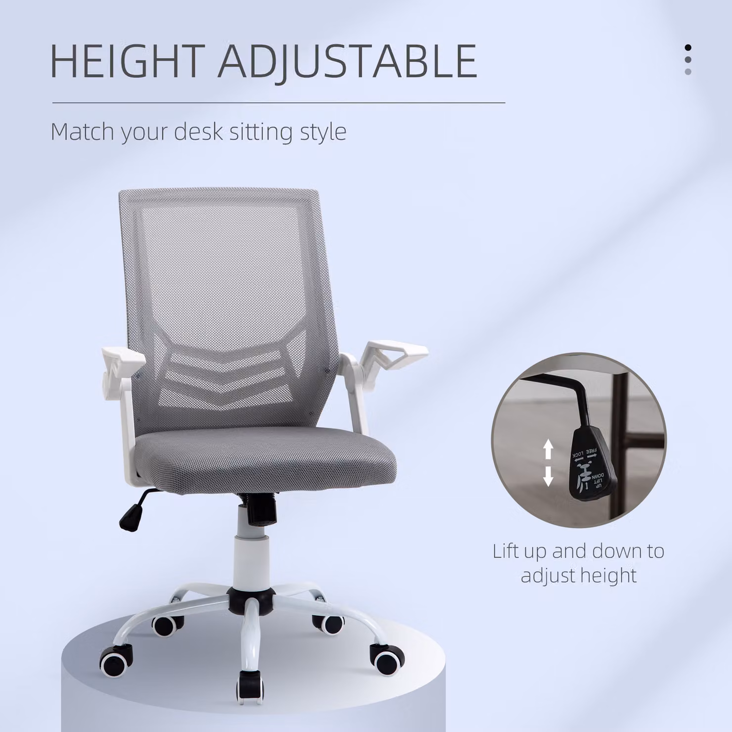 Vinsetto Ergonomic Mesh Home Office Desk Chair in Grey with Adjustable Lumbar Support and Flip-Up Arms – 3