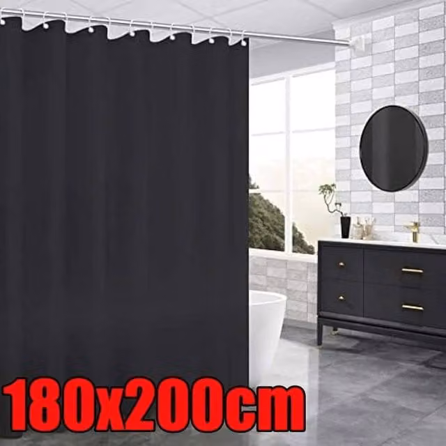 EONLION Black Antibacterial and Mould-Resistant Polyester Shower Curtain, W/H: 180 x 200 cm – 1