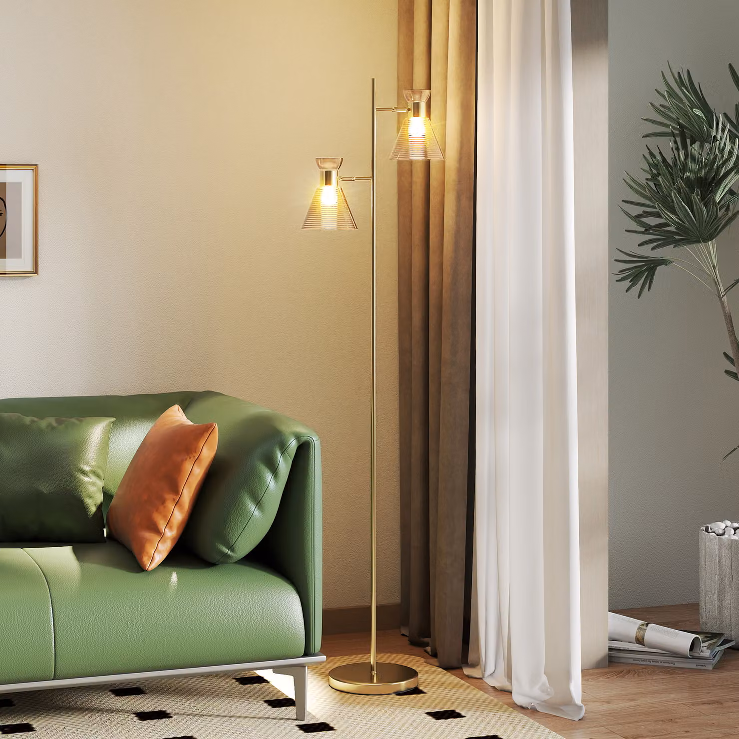 HOMCOM Modern Gold Floor Lamp with Adjustable Dual Heads and Floral Glass Shades, E27 Socket with Foot Switch – 2