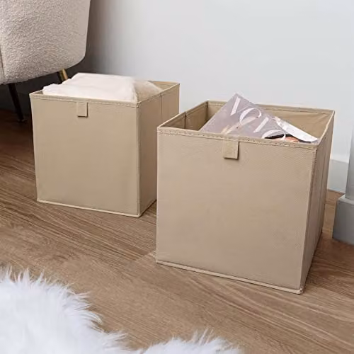 OHS Set of 8 Fabric Foldable Storage Boxes with Handles in Beige, W/D/H: 27 x 27 x 27 cm – 2
