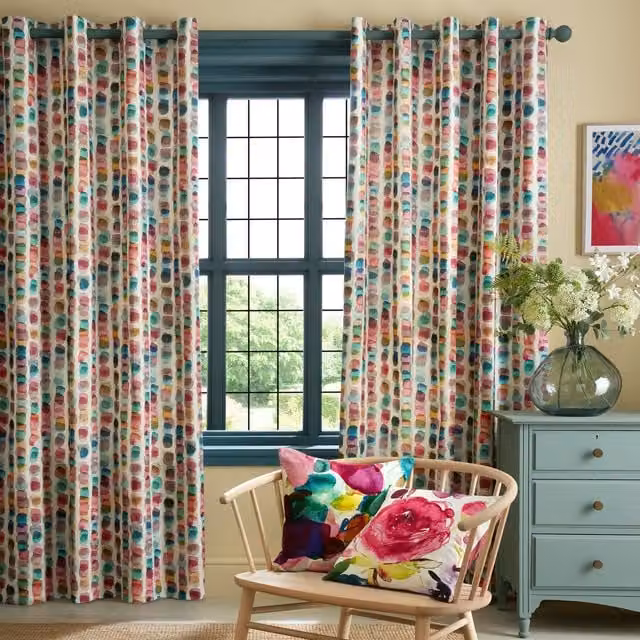 Bluebellgray Tobermory Ready Made Eyelet Curtains in Blue and Multicolour Graphic Cotton Linen Fabric