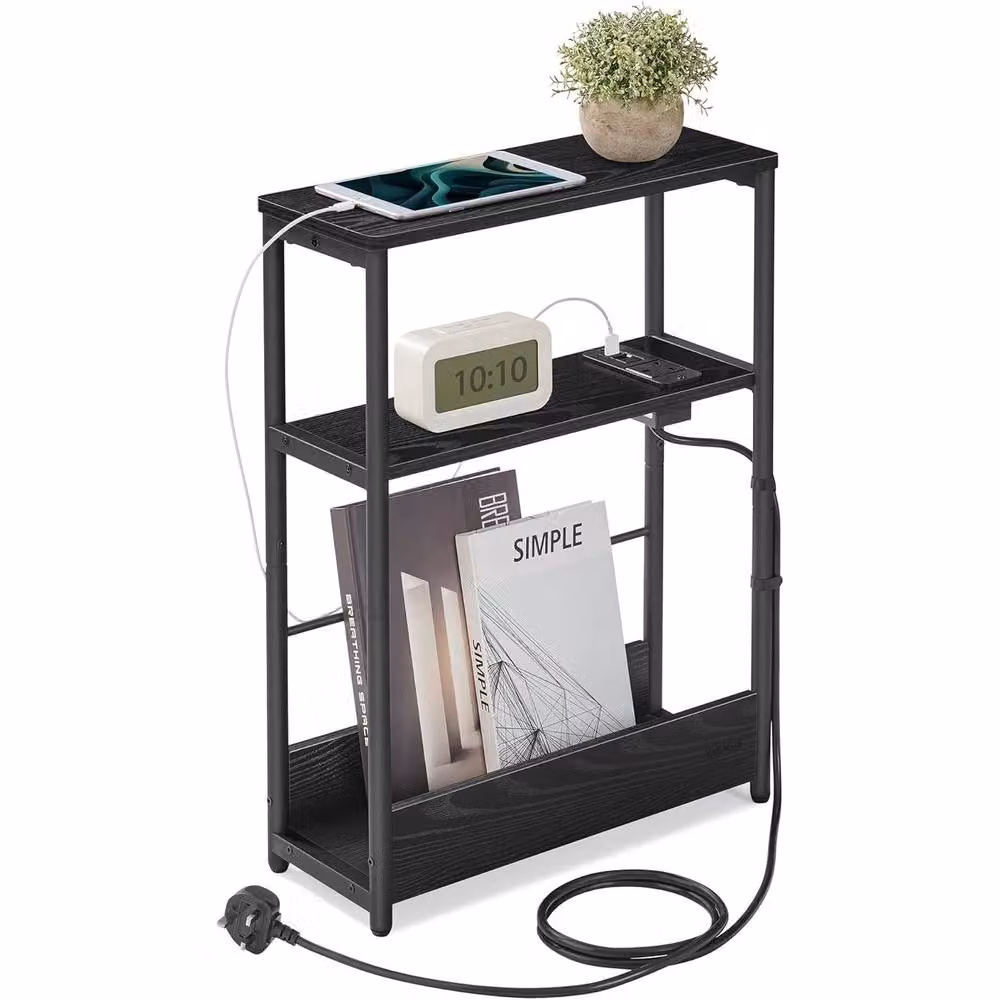 The Bazaarist Narrow Charging Bedside Table with Magazine Rack in Jet Black, W/D/H: 58.0 x 45.0 cm – 2