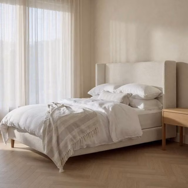 KDMD Ballater Bouclé Upholstered Bed Frame in Ivory/Beige, W/D/H: 90 x 200 cm – 1