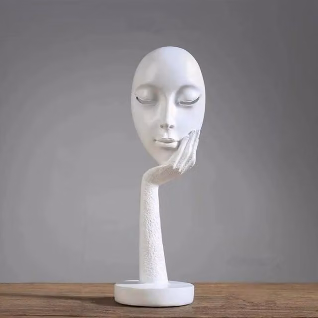 Livingandhome Creative Thinking Face Figurine Sculpture, White, Height: 37 cm