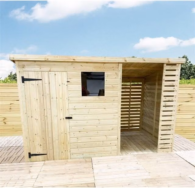 Marlborough Pressure Treated Pent Wood Shed with Storage Area in Natural