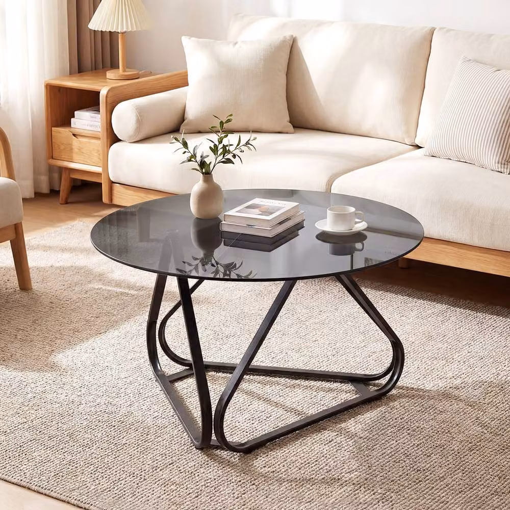 Costway Modern Round Tempered Glass Coffee Table in Black and Transparent – 8