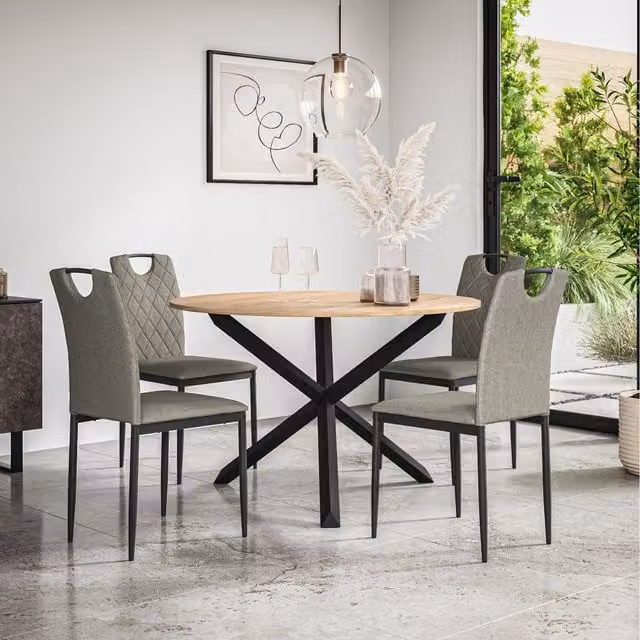 More4Homes Malvern Round Oak Effect Dining Table and 4 Monza Linen Chairs Set, Grey and Black