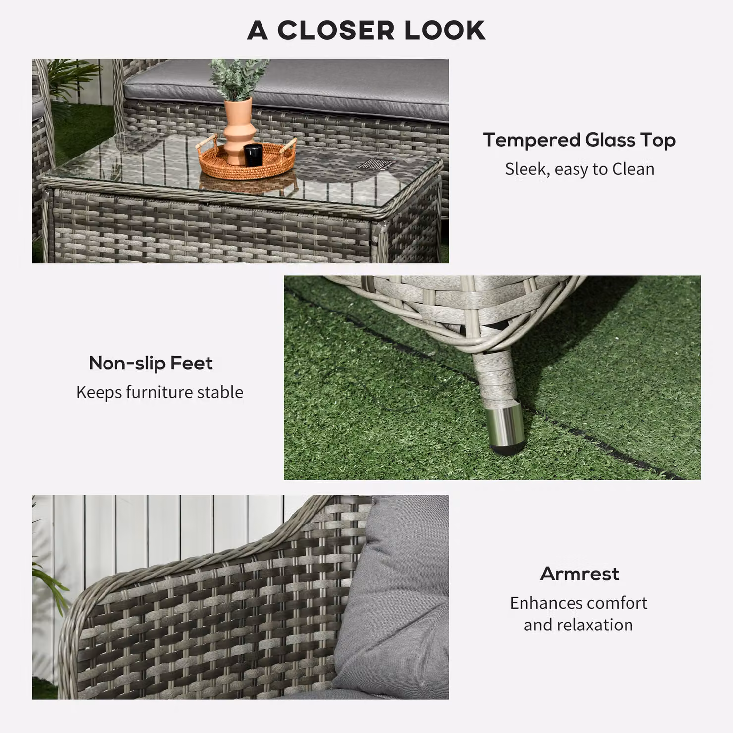 Outsunny 4 Piece Grey Rattan Outdoor Furniture Set with Cushions and Coffee Table – 5