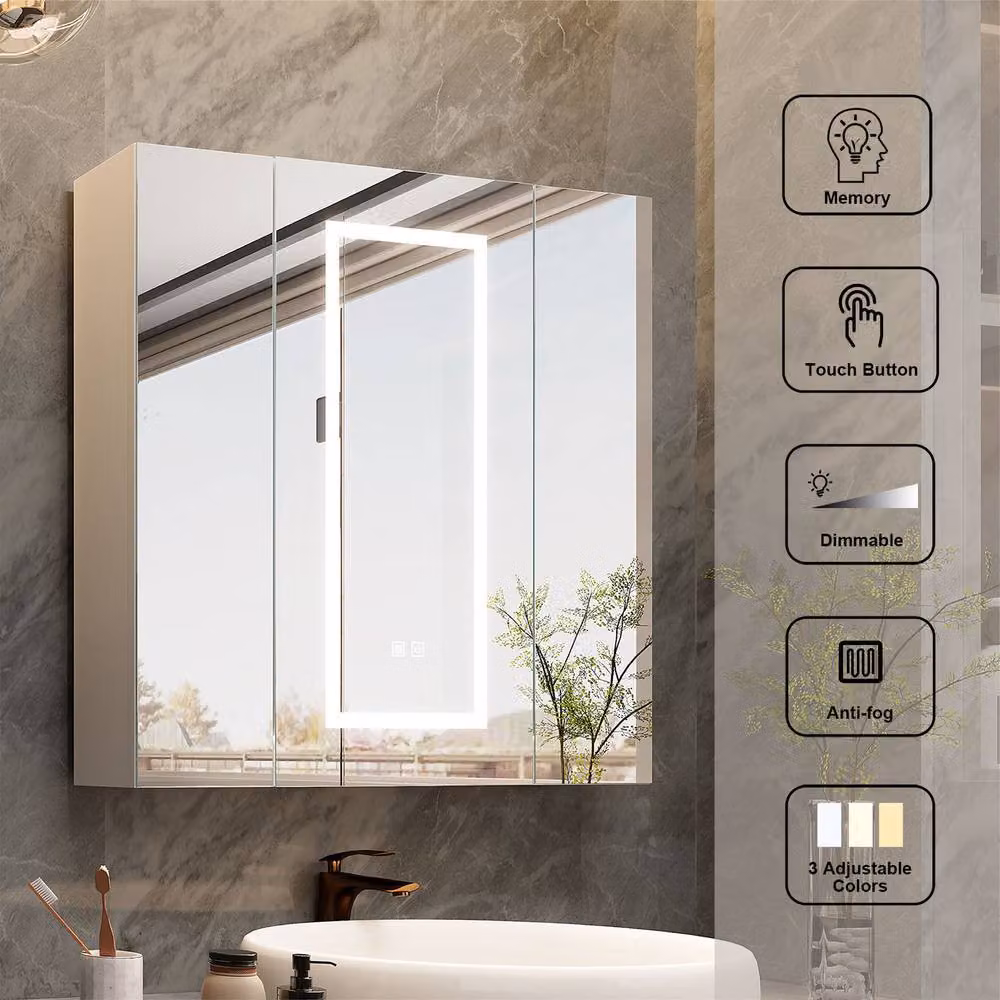 KEEPREAPER White LED Bathroom Mirror Cabinet with 3 Hinged Doors, Anti-Fog Defogger and Sensor Switch, W/H: 80 x 80 cm – 2