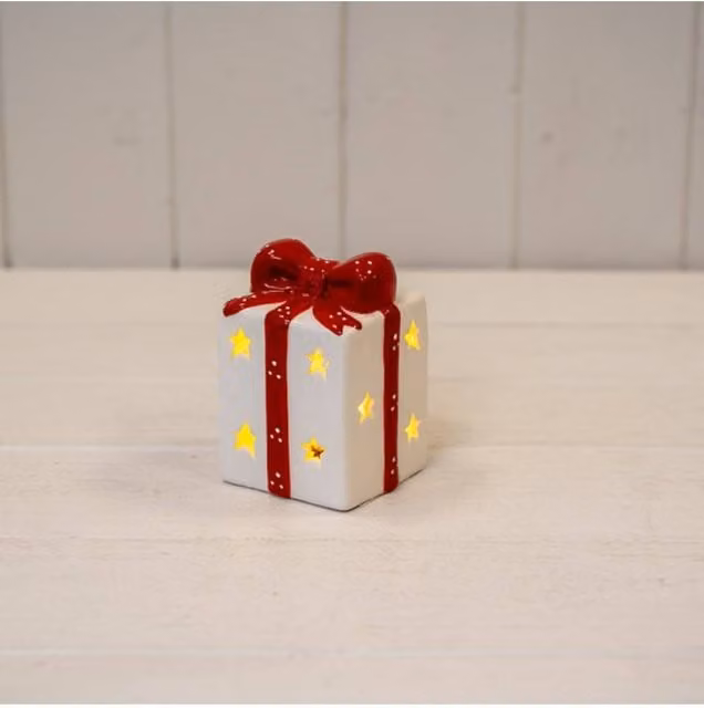 KDMD White and Red Ceramic Christmas Present Tabletop Decoration with LED