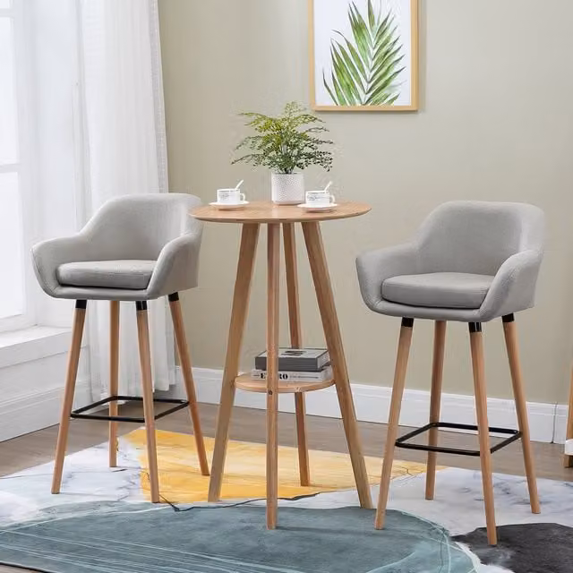 HOMCOM Set of 2 Modern Upholstered Fabric Bucket Seat Bar Stools with Armrests and Wood Legs in Beige – 1
