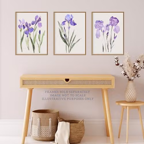 Wee Blue Coo Set of 3 Watercolour Iris Floral Flower Paper Posters in Blue and Purple, W/H: 30 x 40.5 cm and 41 x 41 cm – 2