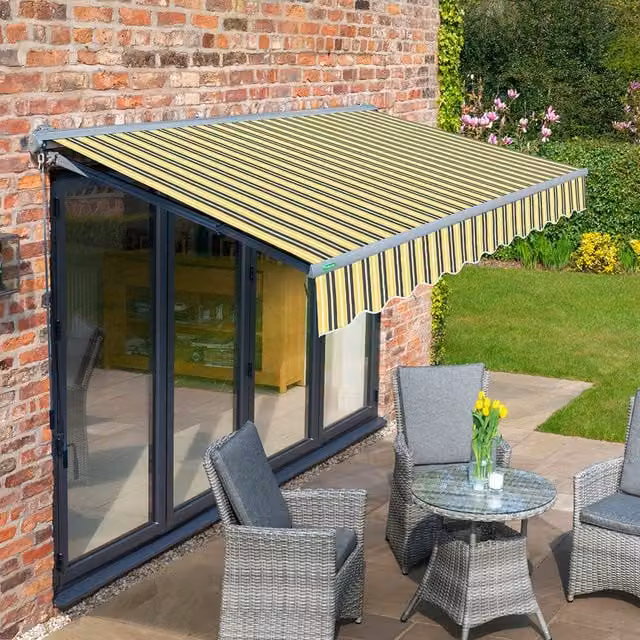 Primrose Semi Cassette Garden Patio Awning with Charcoal Aluminium Frame, Yellow and Grey Stripe, Width: 250 cm