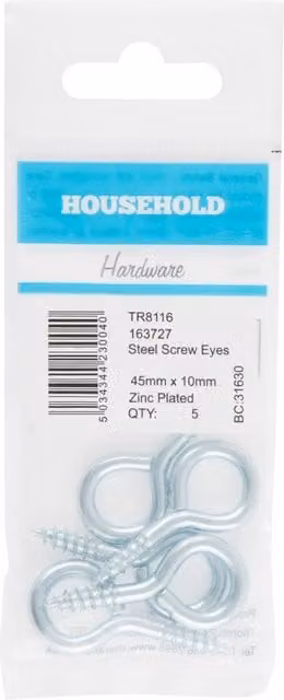Hiatt Galvanised Steel Screw Eyes, Silver, 45 x 10 mm