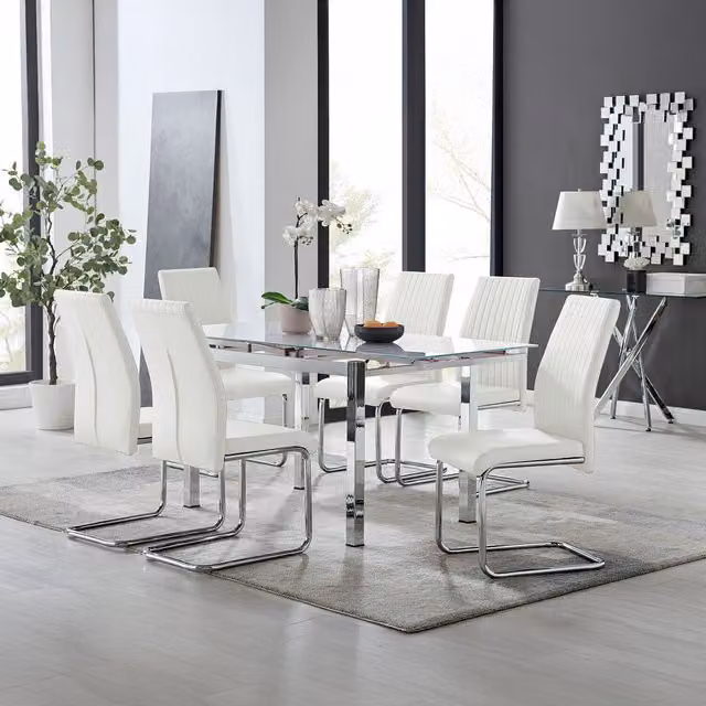 Furniturebox Enna White Glossy Glass Extending Modern Kitchen Dining Table and 6 Lorenzo Chairs