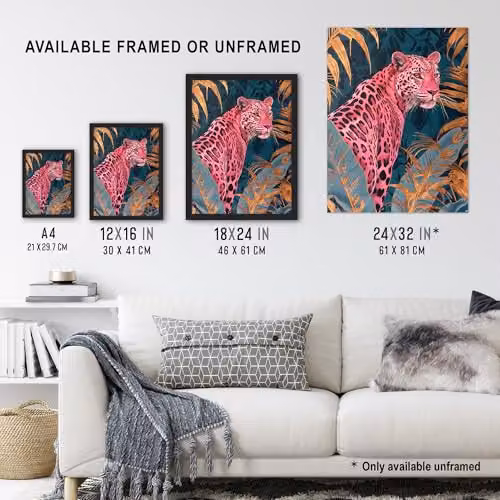 Artery8 Elegant Pink Leopard Tropical Jungle Wall Art Poster Print in Blue and Gold, 18 x 24 Inch – 3