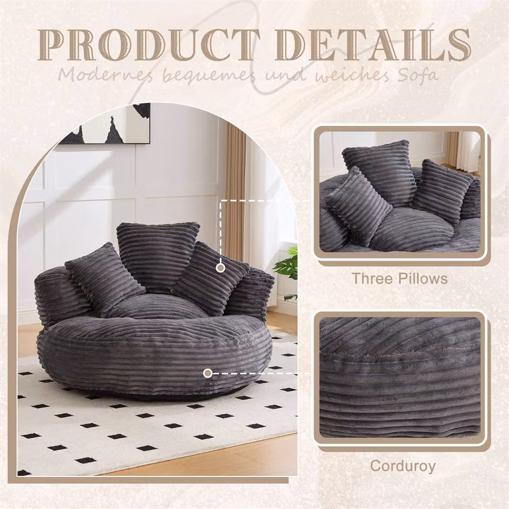 Direct Wicker Light Grey Corduroy Bean Bag with Armrests and Shredded Memory Foam Filling – 4