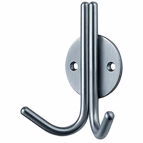 Loops Slimline Double Coat Hook on Round Rose in Satin Stainless Steel, 3.5 cm Projection