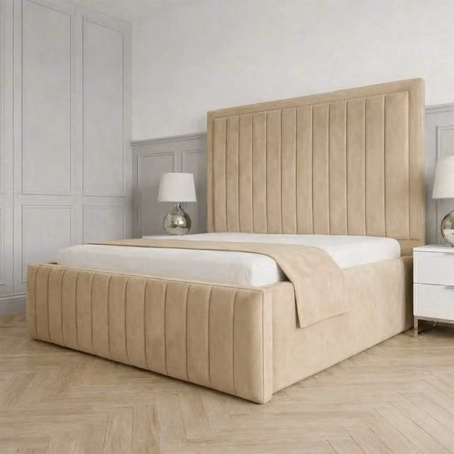 Living Comfort Bedz Sovereign Super King Upholstered Velvet Gas Lift Storage Bed with 48 Inch Headboard in Beige