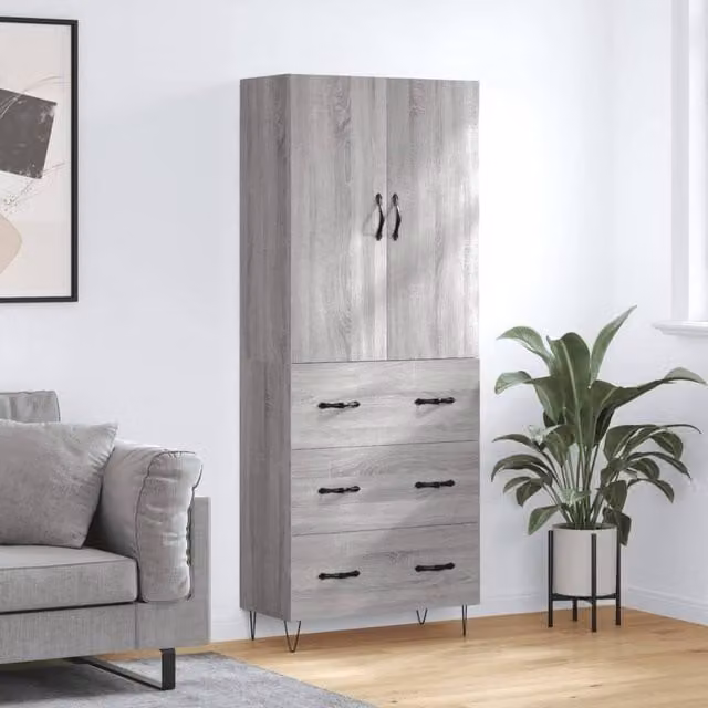 Berkfield Home Grey Sonoma Modern Highboard with Hinged Doors and Internal Shelves, W: 69.5 cm, D: 34 cm, H: 180 cm – 1