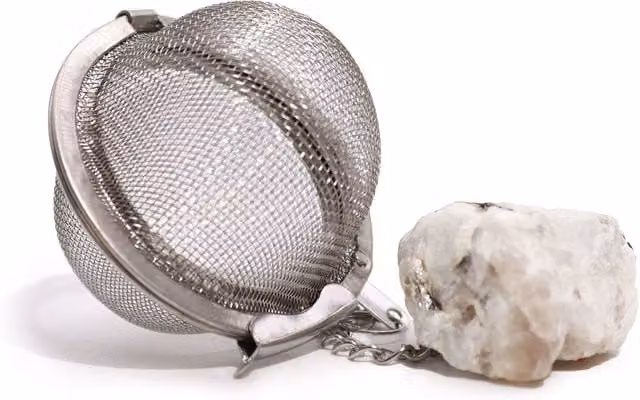 KDMK Rainbow Moonstone Raw Crystal Gemstone Tea Strainer with Fine Mesh Stainless Steel Sieve in White and Silver