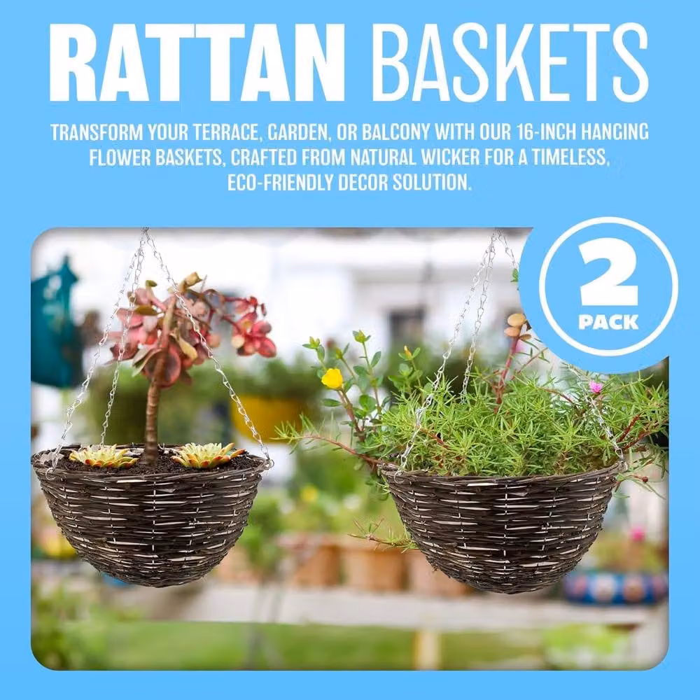 BARGAINS-GALORE Set of 2 Natural Rattan Wicker Hanging Baskets in Brown – 4