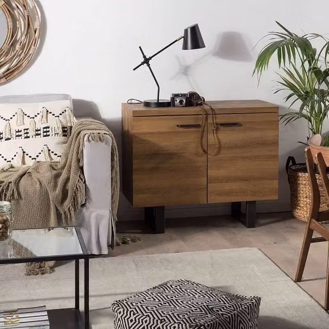 Wyld and Coco Industrial 2-Door Sideboard in Dark Brown with Grey Metal Base