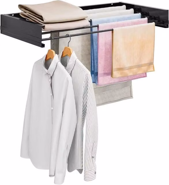 PAWNORA Wall Mounted Metal Laundry Drying Rack, Black, Width: 120 cm