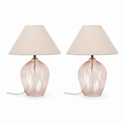 ValueLights Set of 2 Pink Glass Base Table Lamps with Fabric Tapered Lampshades and Warm White Bulbs – 1